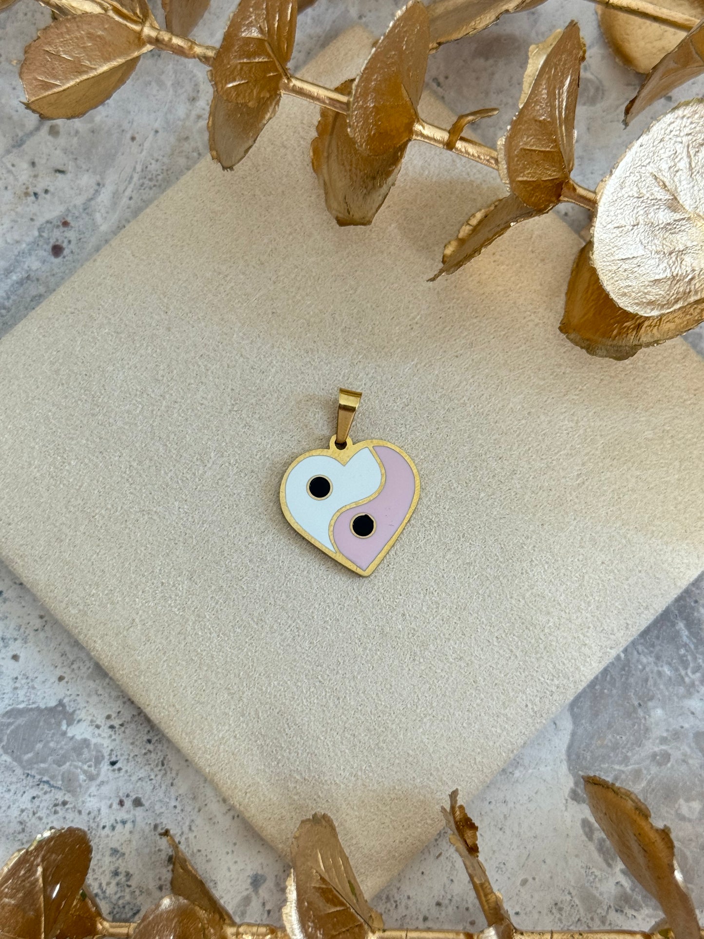 gold pendant, simple pendant, timeless design pendant, pendant for any occasion, cute pendant, versatile pendant, pendant for necklace, bold pendant, statement pendant, yinyang pendant, pink pendant, white pendant, pink and white pendant, yinyang necklace, yinyang heart pendant, yinyang heart necklace, heart pendant