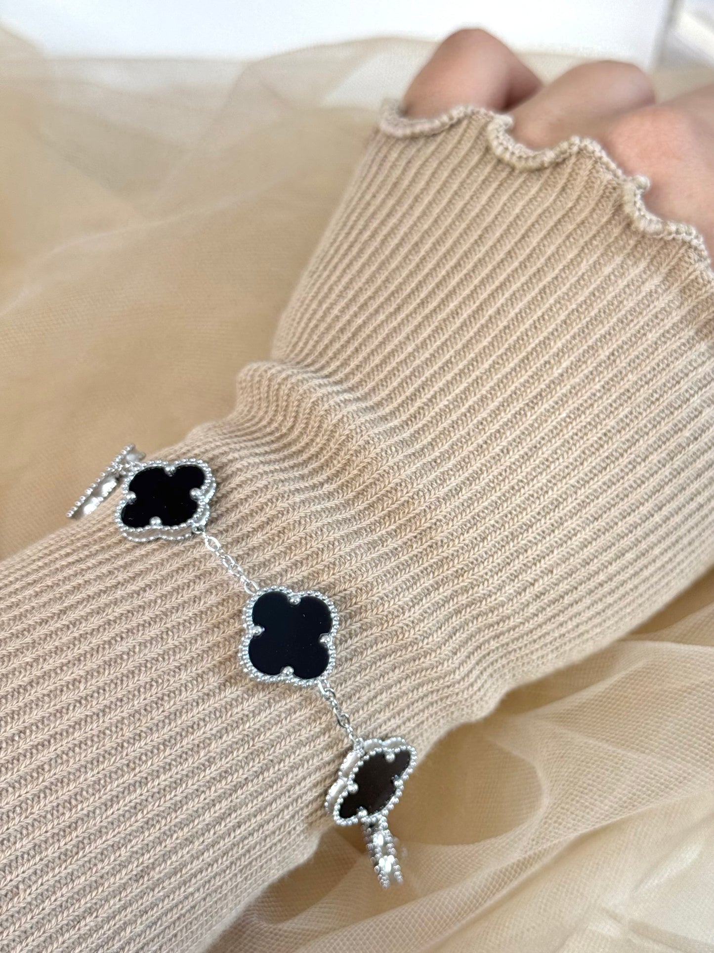 black silver clover, clover black silver, black and silver clover, large clover bracelet