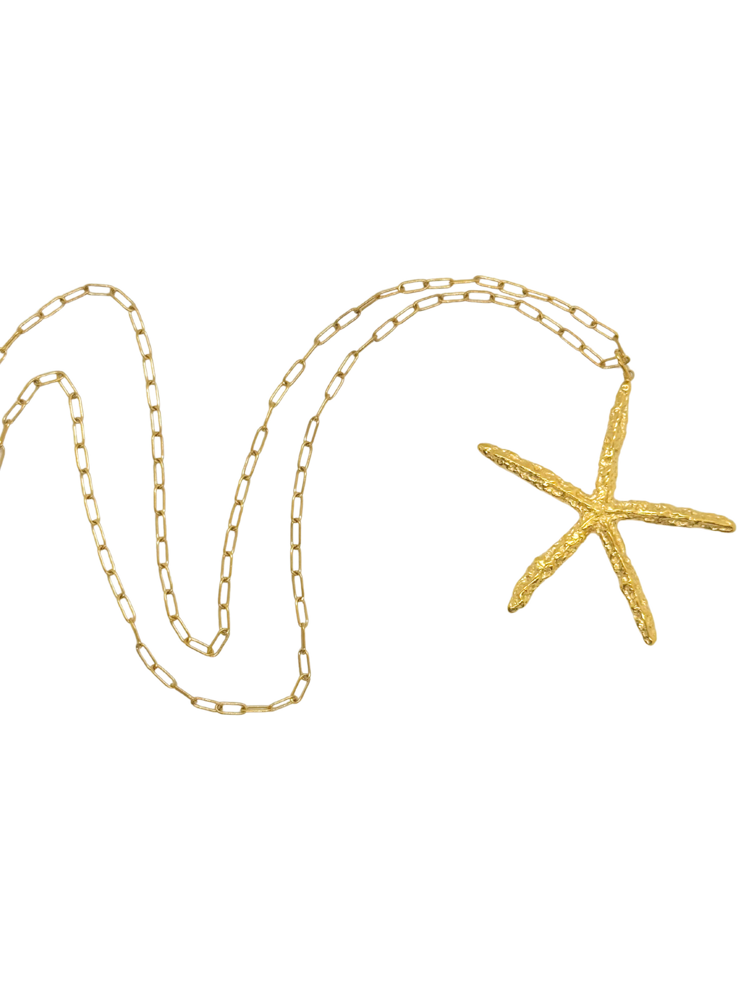 Gold starfish pendant necklace on a white background, gold starfish necklace, coastal starfish jewellery, beach themed, summer wear, ocean inspired necklace