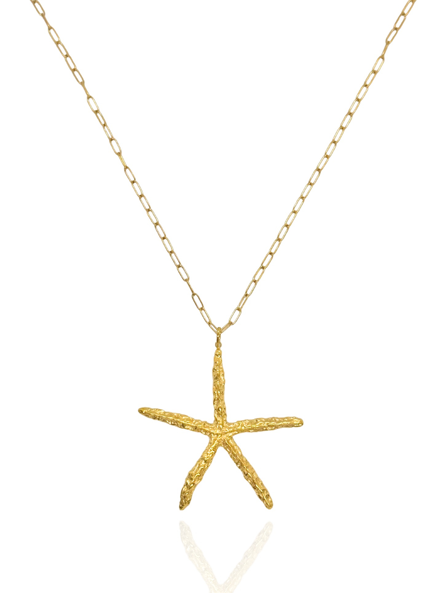 Gold starfish pendant necklace on a white background, gold starfish necklace, coastal starfish jewellery, beach themed, summer wear, ocean inspired necklace