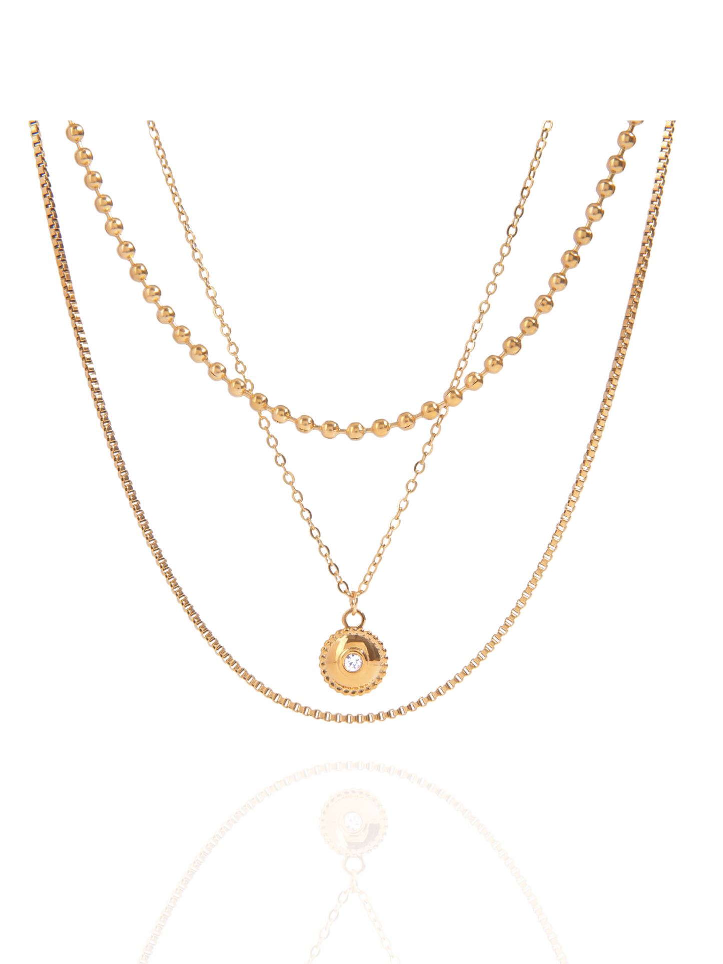 Three gold necklaces on a white background, layered, layered necklace. circle pendant, circle charm, everyday wear