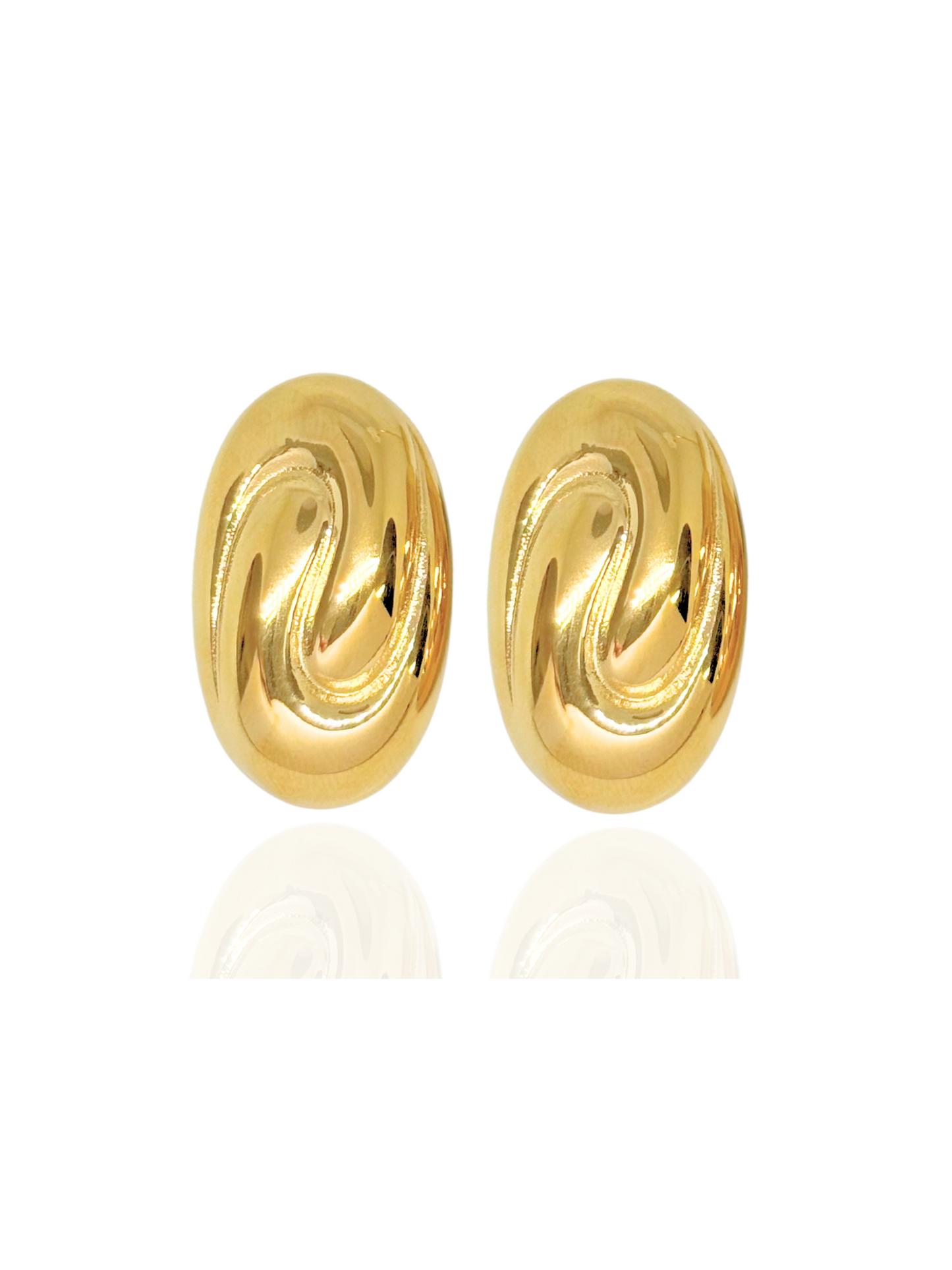 Pair of gold spiral earrings on a white background, gold oval earrings, everyday wear, minimalist gold oval studs, classic oval earrings, dainty oval drop earrings
