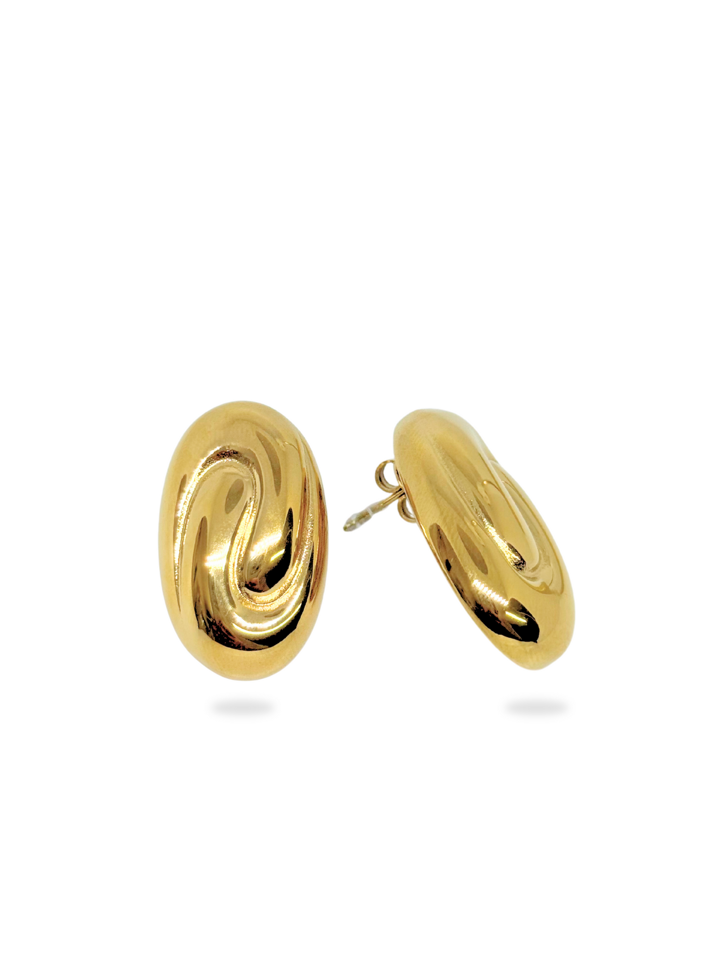 Pair of gold spiral earrings on a white background, gold oval earrings, everyday wear, minimalist gold oval studs, classic oval earrings, dainty oval drop earrings