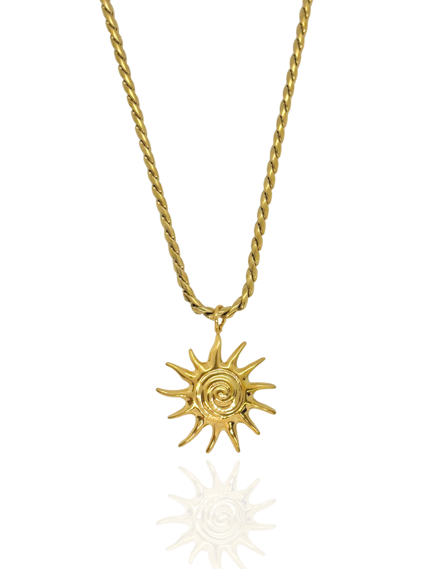 Gold sun-shaped pendant necklace on a white background, celestial necklace, everyday wear, gold sun necklace, sun pendant