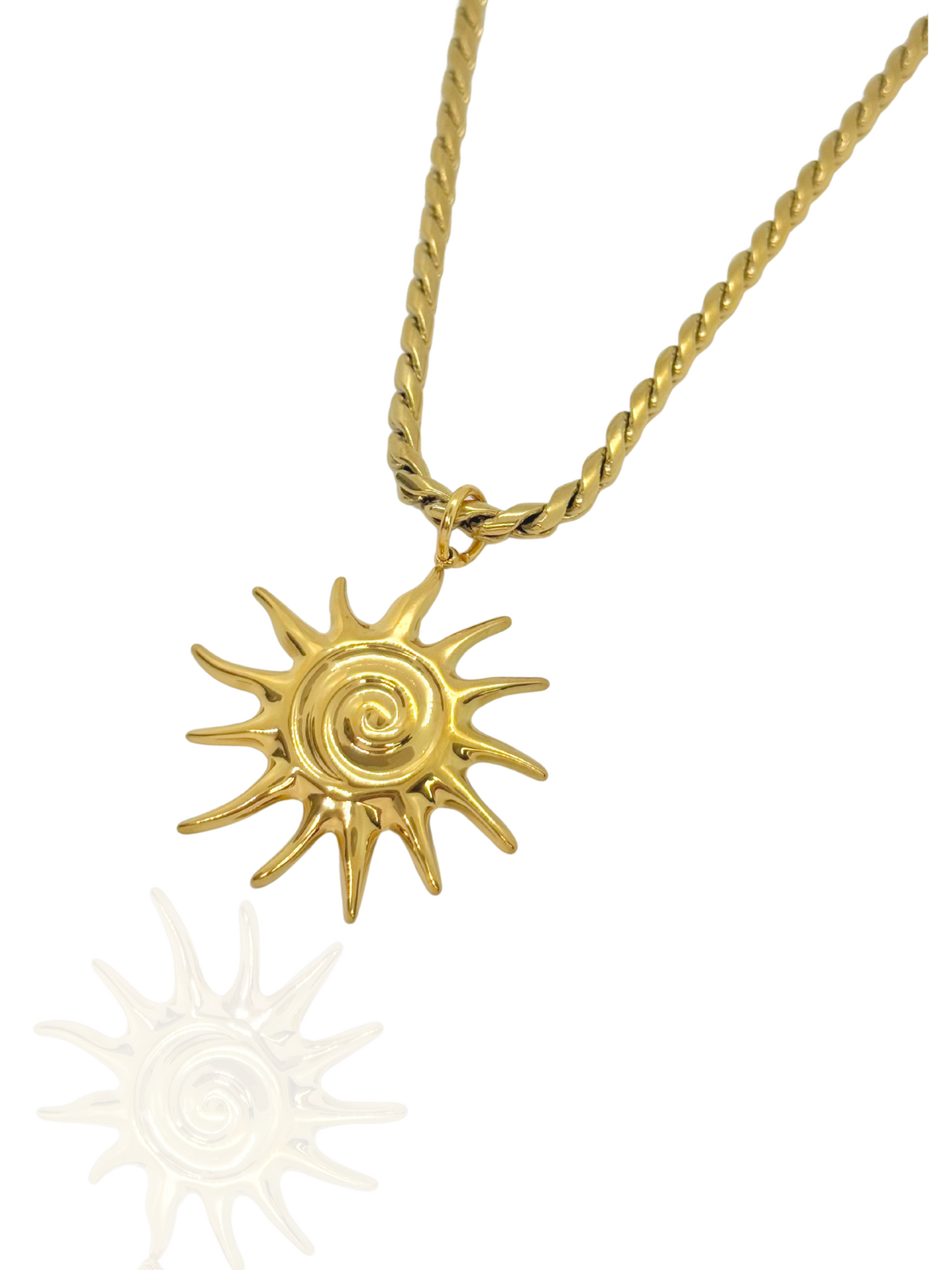 Gold sun-shaped pendant necklace on a white background, celestial necklace, everyday wear, gold sun necklace, sun pendant