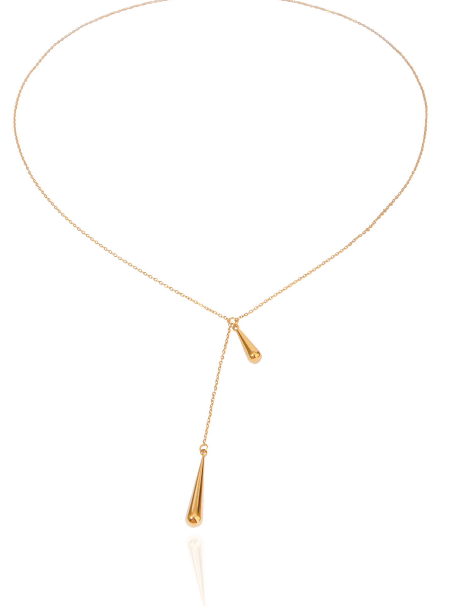 Gold necklace with dangling teardrop pendants on a white background, cable chain, minimalist necklace, mirror-finish tear drop pendant, everyday wear