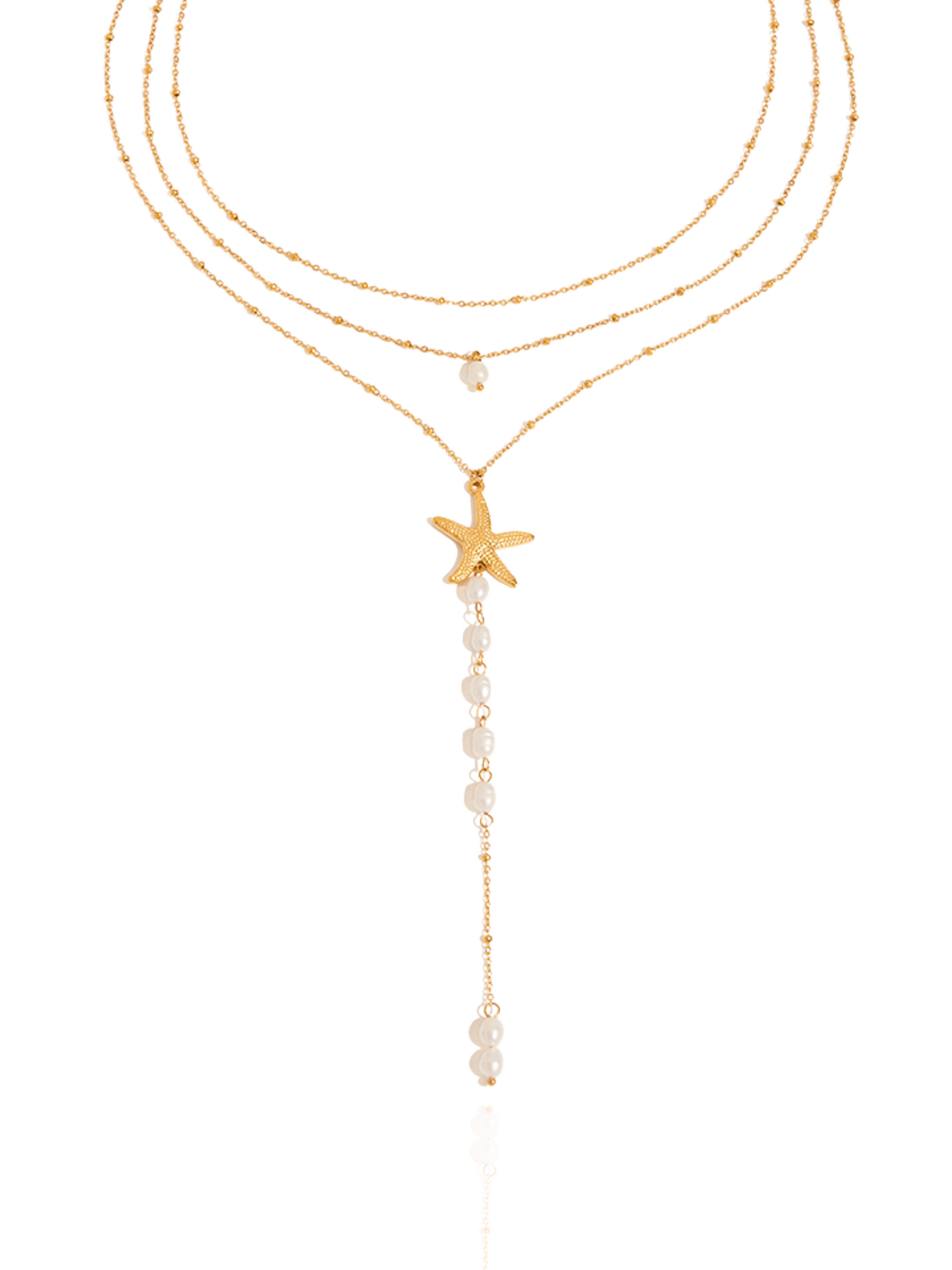 Gold necklace with starfish and pearl pendant on a white background, beaded chain, beach themed necklace, dainty ocean layered necklace, starfish charm, summer wear