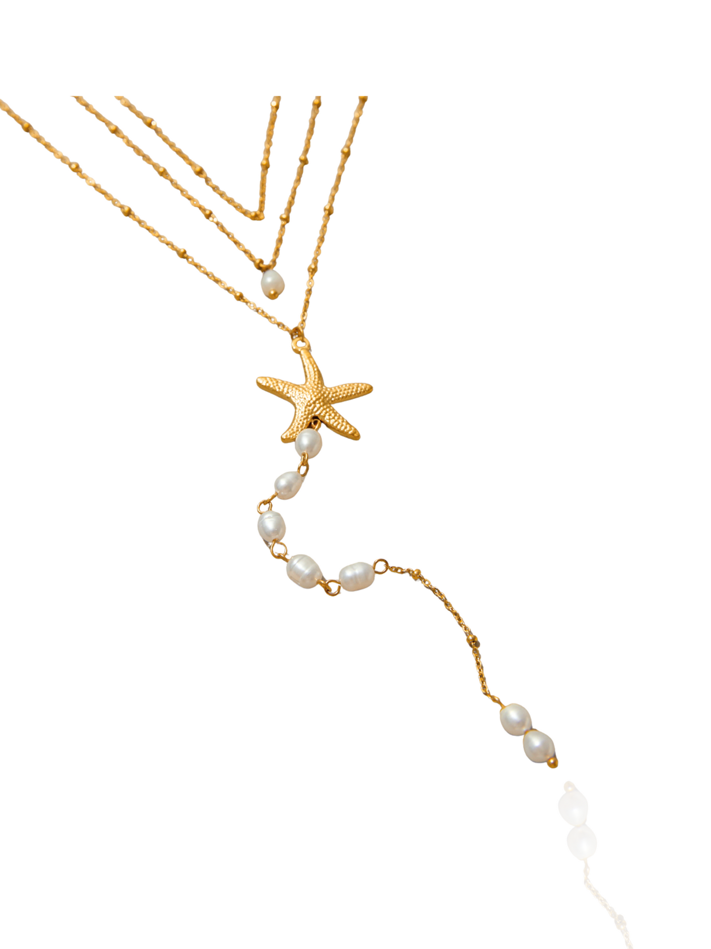 Gold necklace with starfish and pearl pendant on a white background, beaded chain, beach themed necklace, dainty ocean layered necklace, starfish charm, summer wear