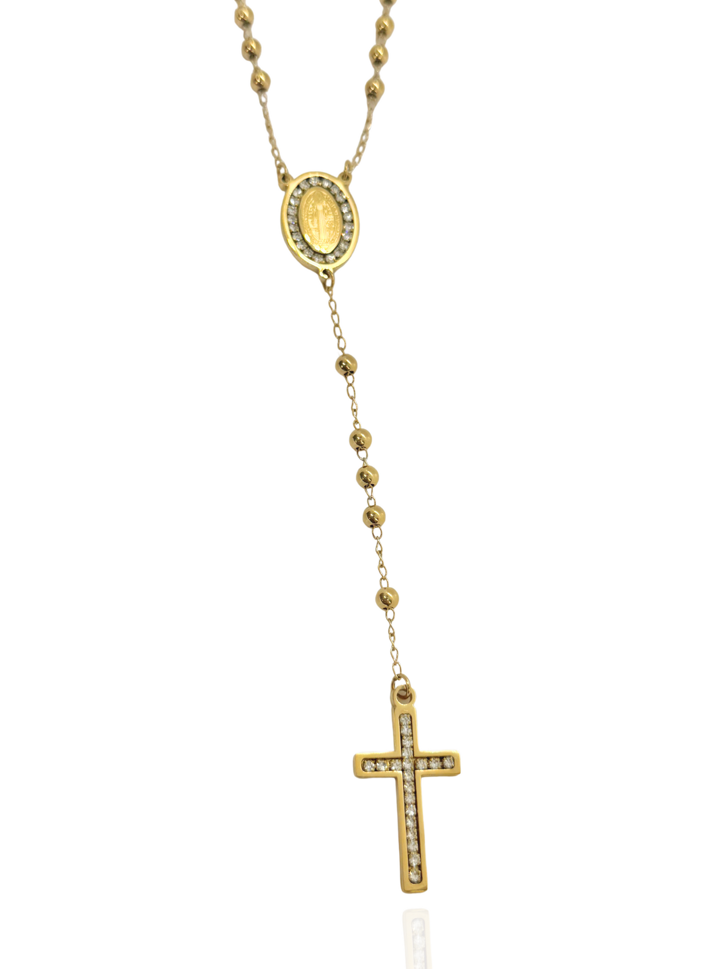 Gold necklace with beads and a cross on a white background, cross pendant, gold cross necklace, classic gold cross chain, religious gold cross pendant, everyday wear