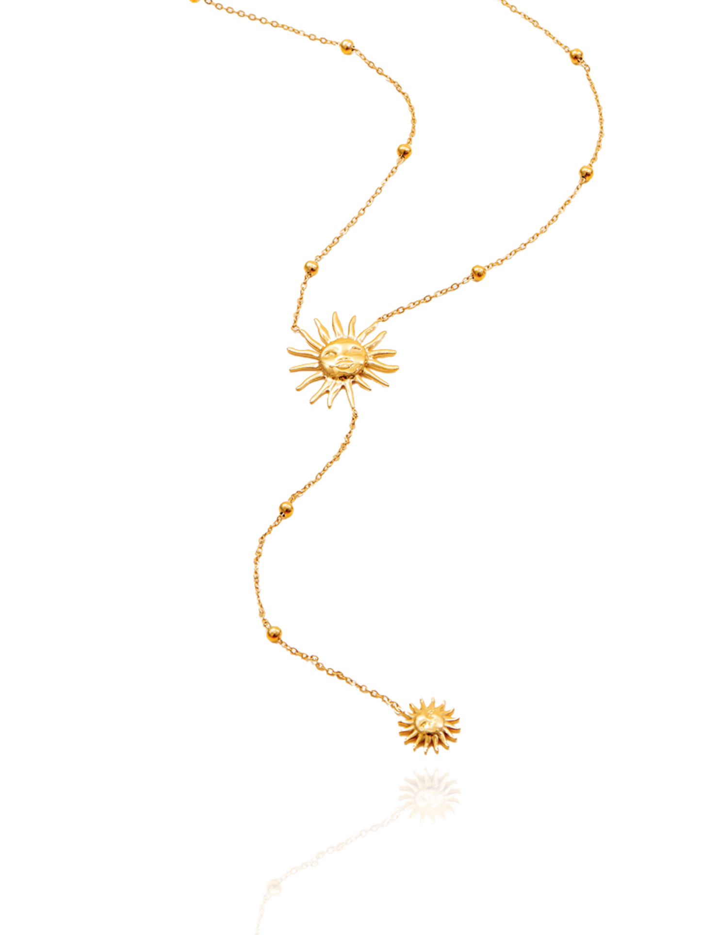 Gold necklace with sun-shaped pendants on a white background, celestial sun pendant, boho double sun necklace, beaded chain, polished gold necklace