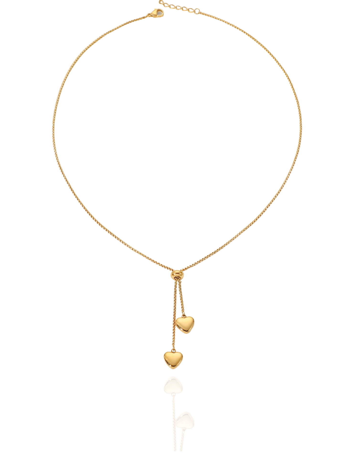 Gold necklace with heart-shaped pendants on a white background, heart pendants, partridge eye chain, formal wear, minimalist necklace, everyday wear
