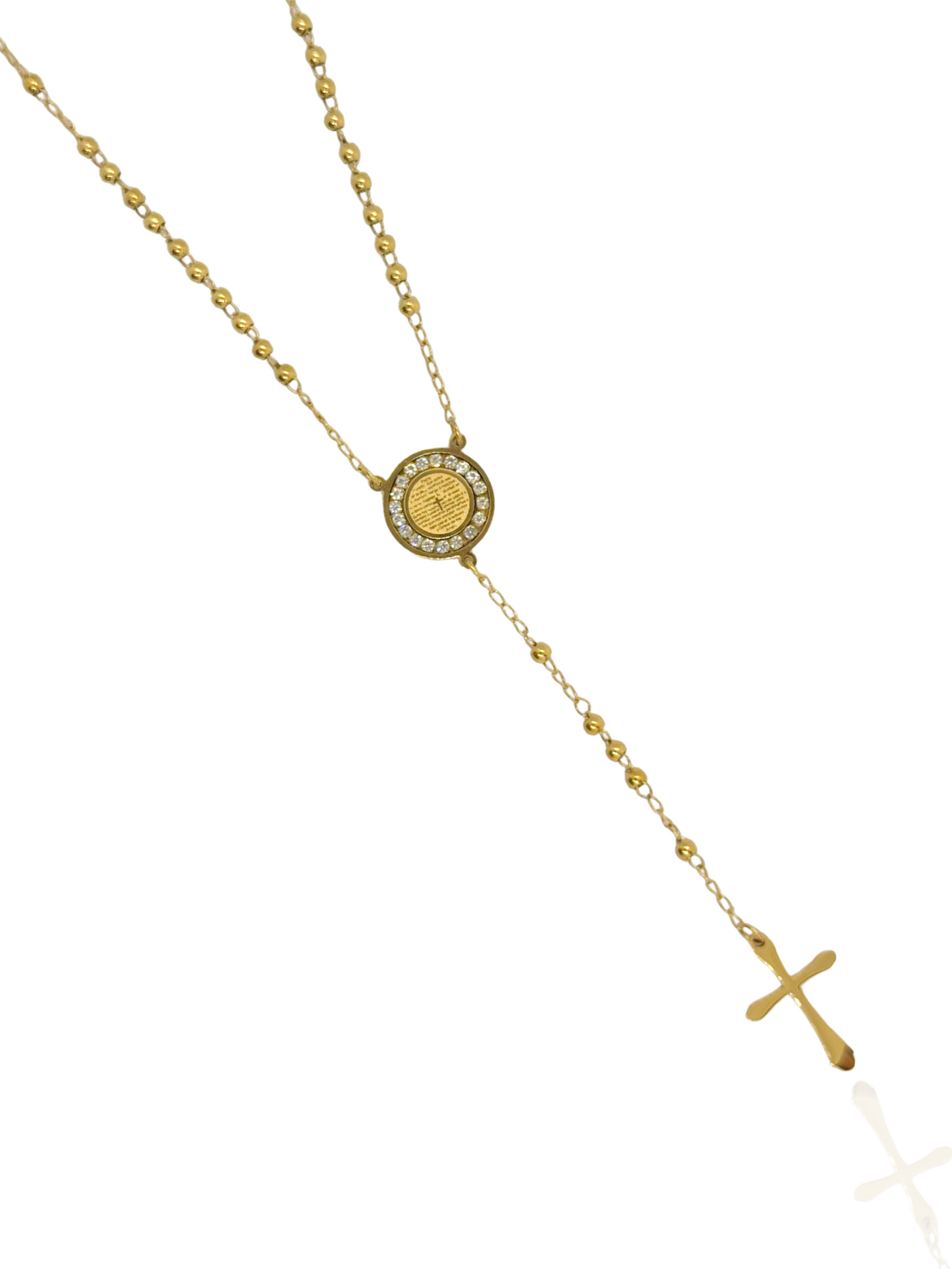 Gold necklace with a circular pendant and cross on a white background, circle charm, cross pendant, cross necklace, religious, everyday wear, unique necklace, dainty cross necklace