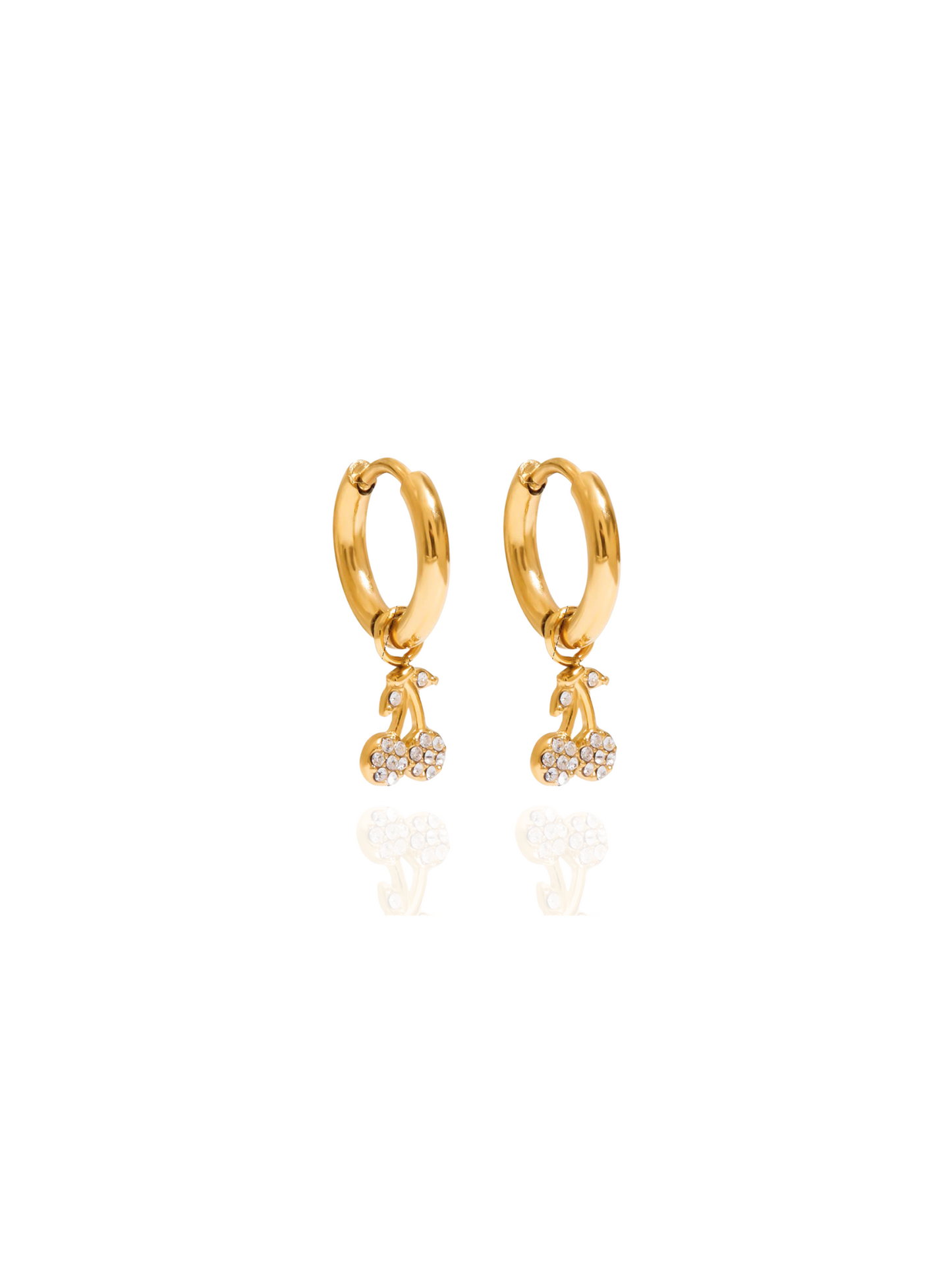 Gold hoop earrings with small charms on a white background, cherry charm gold huggies, everyday wear, dainty cherry charm, cute cherry earrings