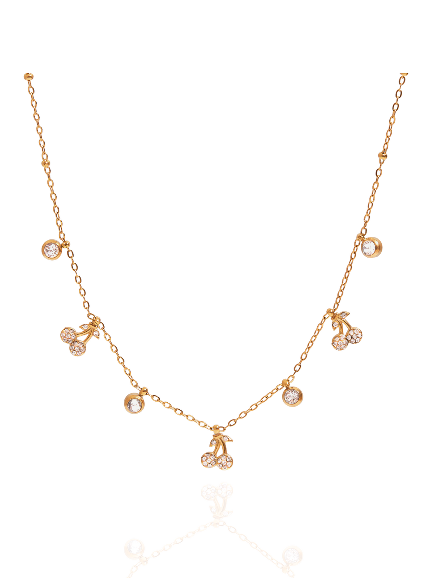 Gold necklace with cherry pendants on a white background, cherry charm necklace, everyday wear, dainty cherry motif, cute cherry charm jewellery