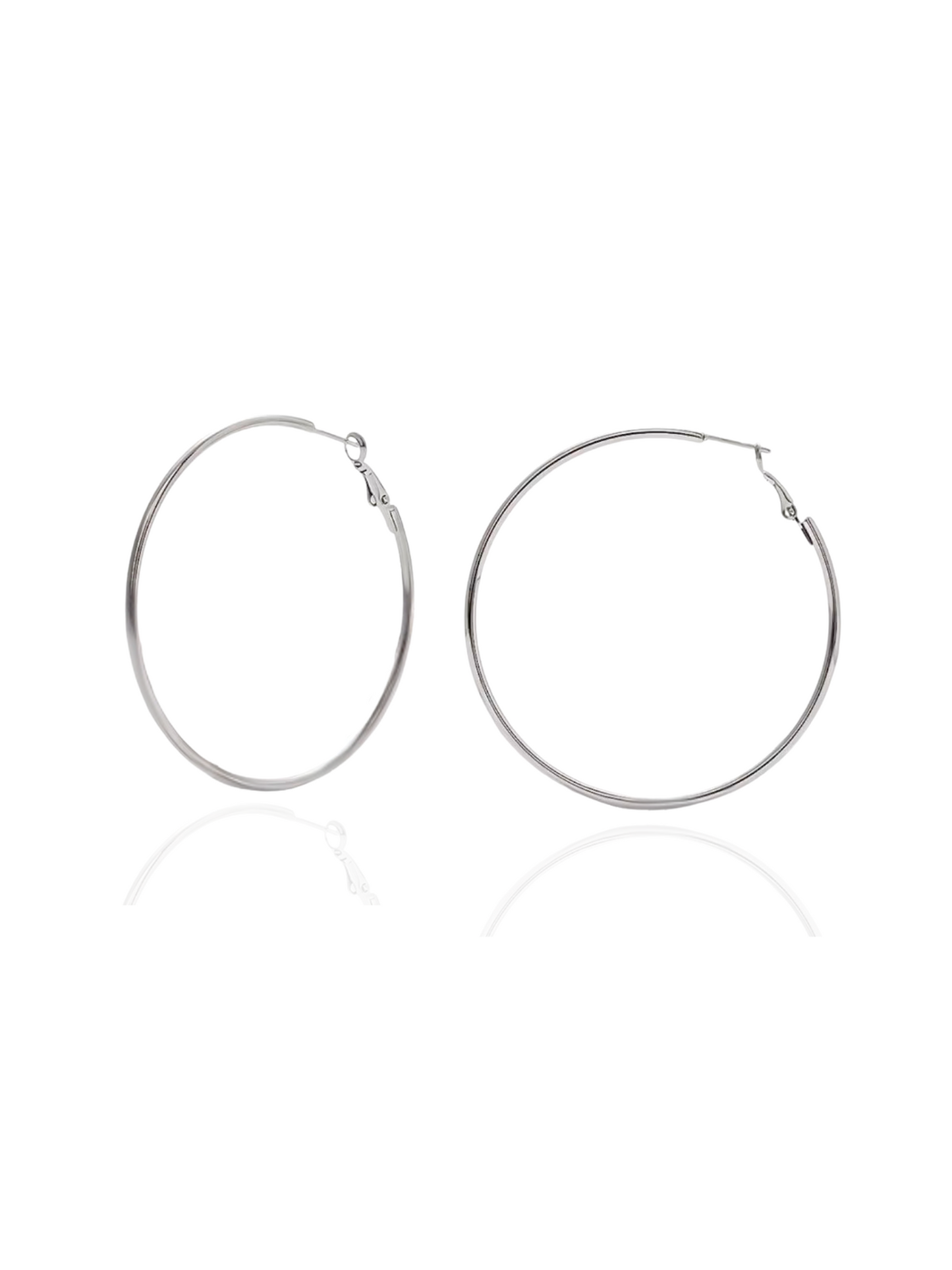 Pair of silver hoop earrings on a white background, silver hoop earrings, sterling silver hoops, polished silver hoop earrings, everyday silver hoops