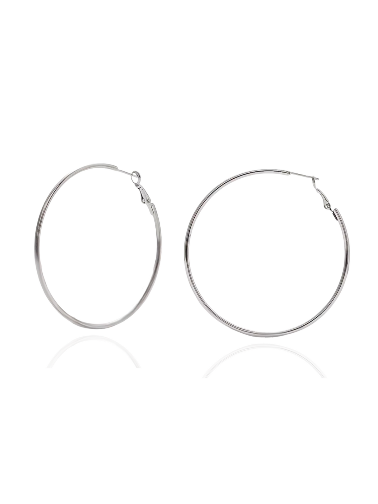 Pair of silver hoop earrings on a white background, silver hoop earrings, sterling silver hoops, polished silver hoop earrings, everyday silver hoops