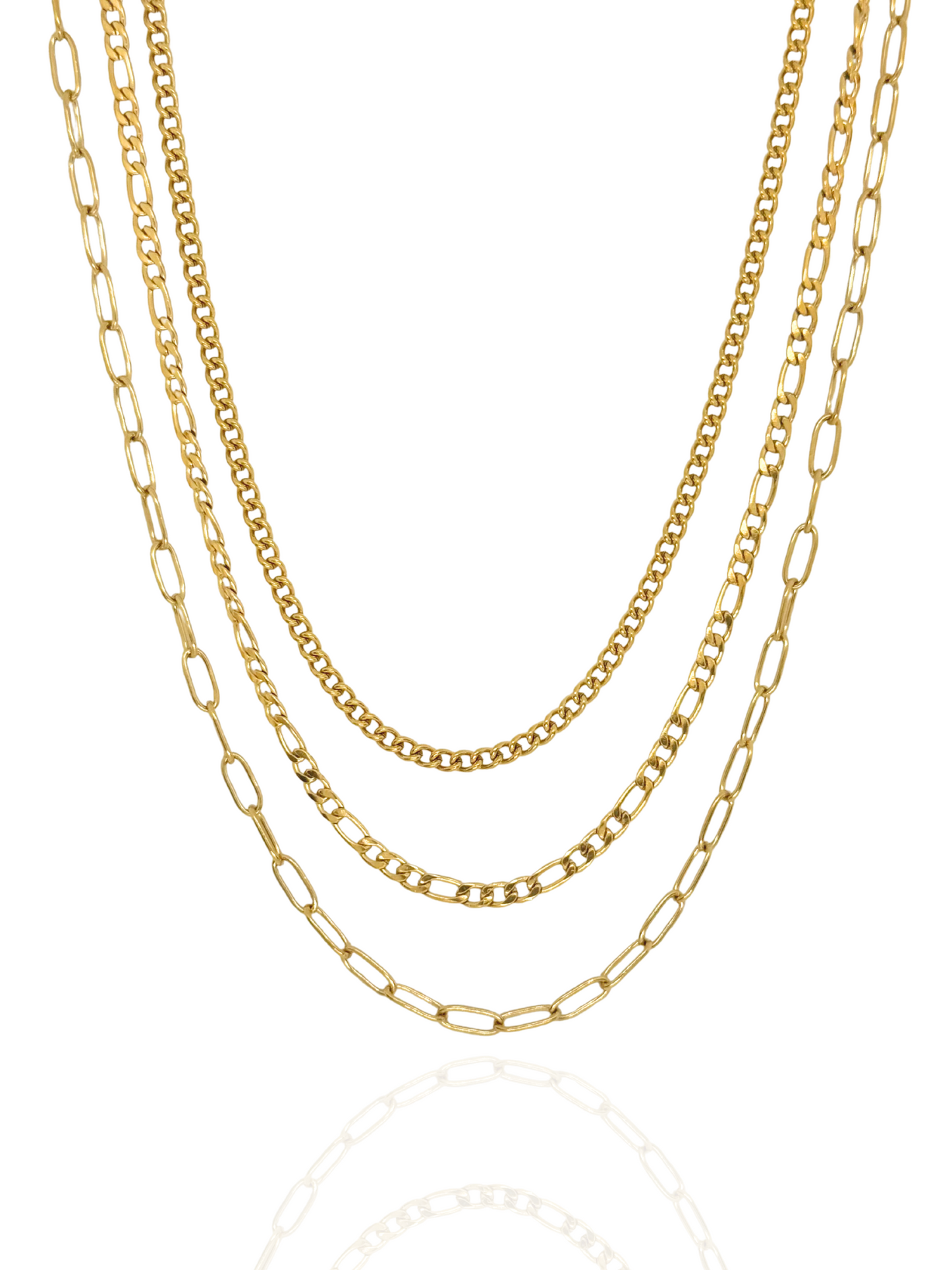 Three gold chain necklaces on a white background, layered necklace, gold layered necklace, multi-strand gold necklace, everyday wear