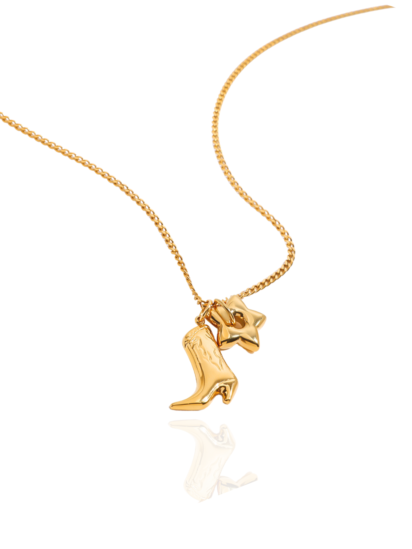 Gold necklace with a boot and star pendant on a white background, cowboy style necklace, star necklace, vine chain, fine gold chain