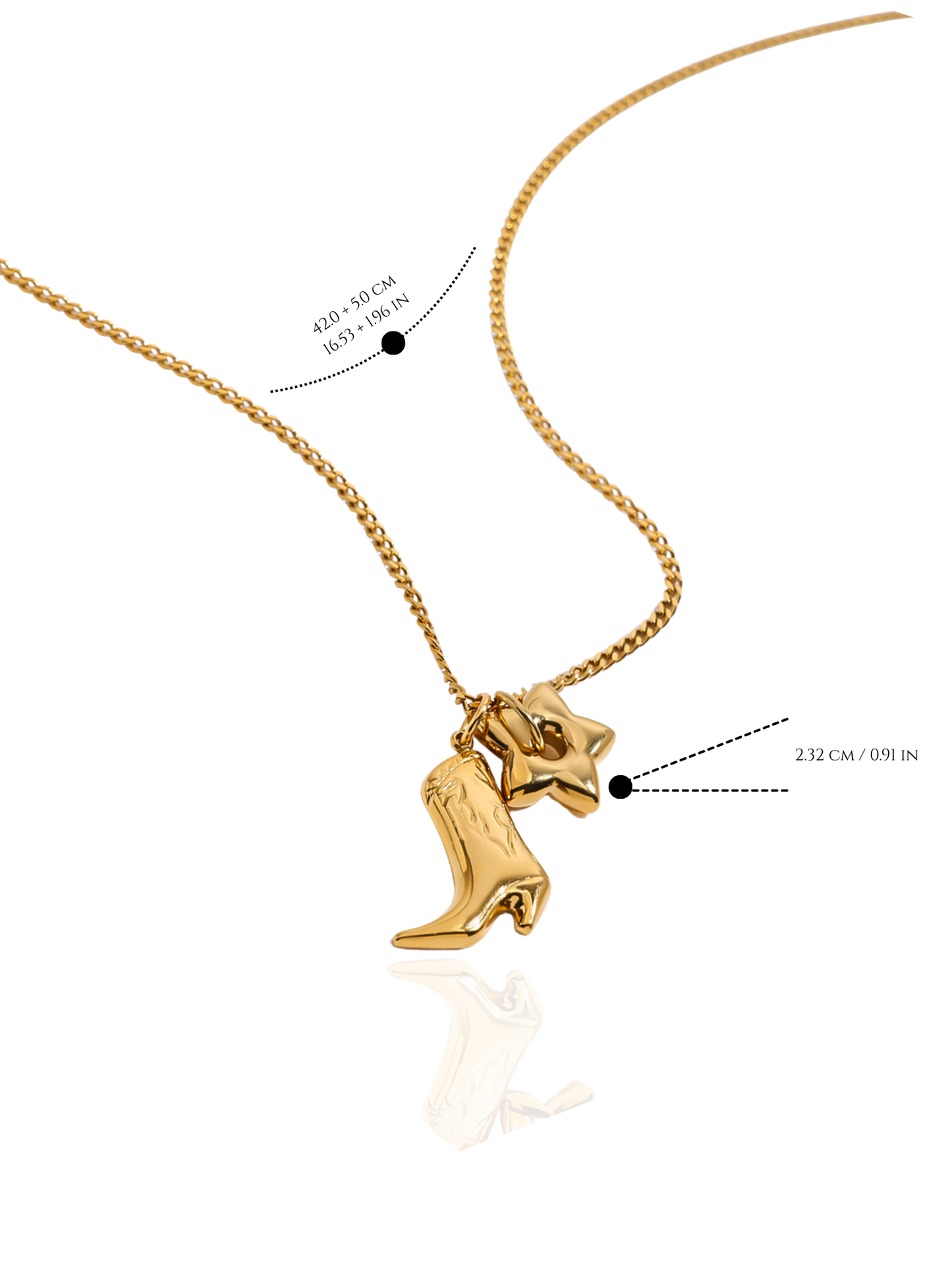 Gold necklace with a boot-shaped pendant on a white background, cowboy details, star pendant, chunky chain, vine gold chain, western style necklace