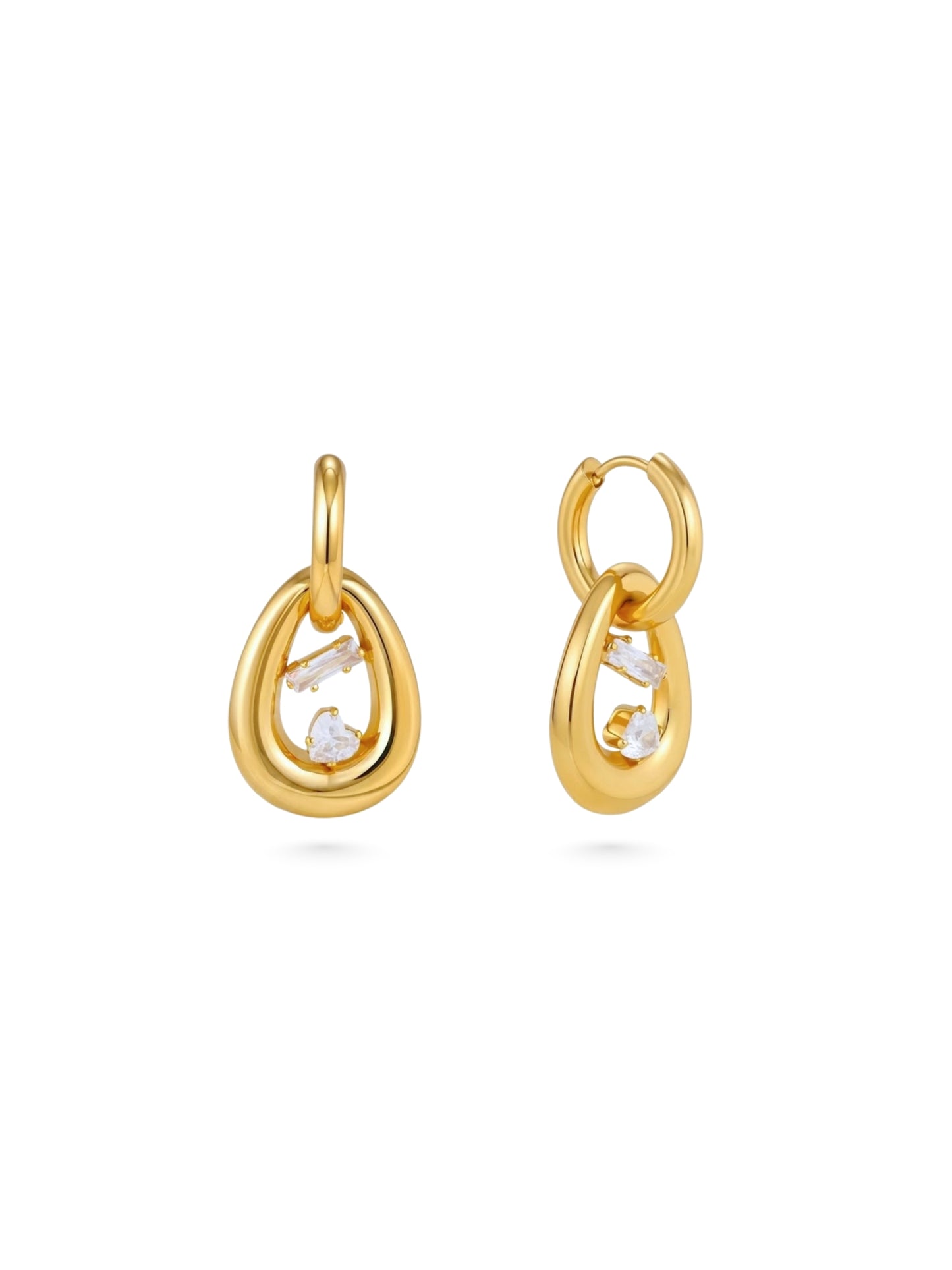 SYNTC, hoop earrings, double hoop earrings, drop earrings, earrings with stones, zirconia earrings, double hoop interlocking earrings, geometric earrings
