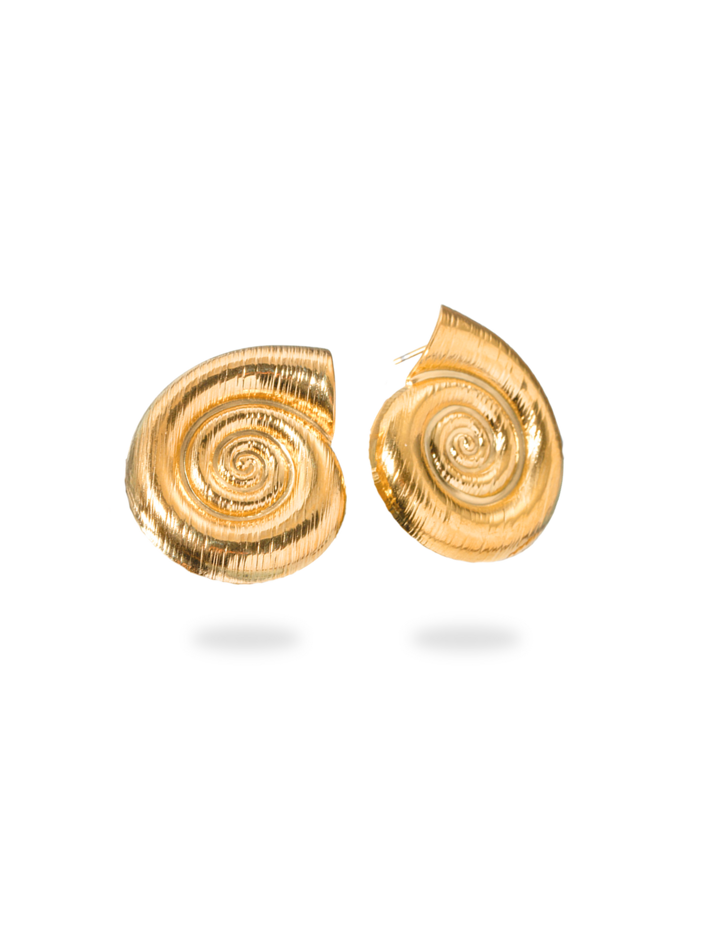 Pair of gold spiral earrings on a white background, swirl stud earrings, spiral earrings, snail inspired jewellery, everyday wear