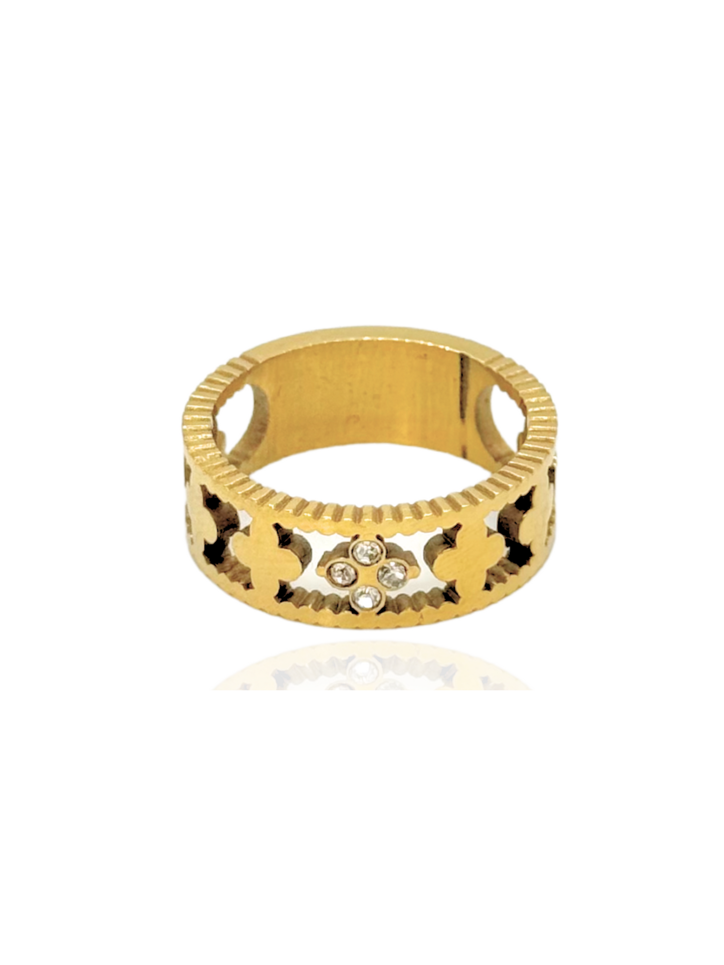 clover ring, ring with intricate design, sculpture ring, gold ring, ring with stones
