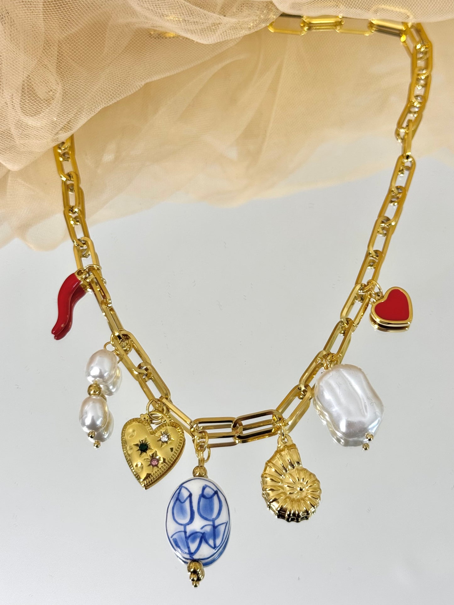 cute necklace, charm necklace, best gift for her, blue necklace, pearl necklace, link chain necklace with charms, link chain necklace, necklace with charming pendant