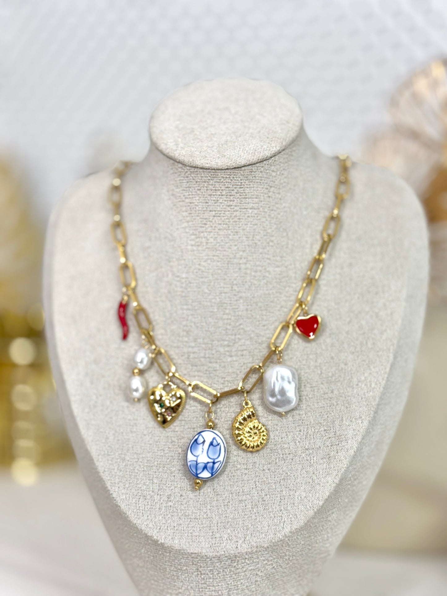 cute necklace, charm necklace, best gift for her, blue necklace, pearl necklace, link chain necklace with charms, link chain necklace, necklace with charming pendant