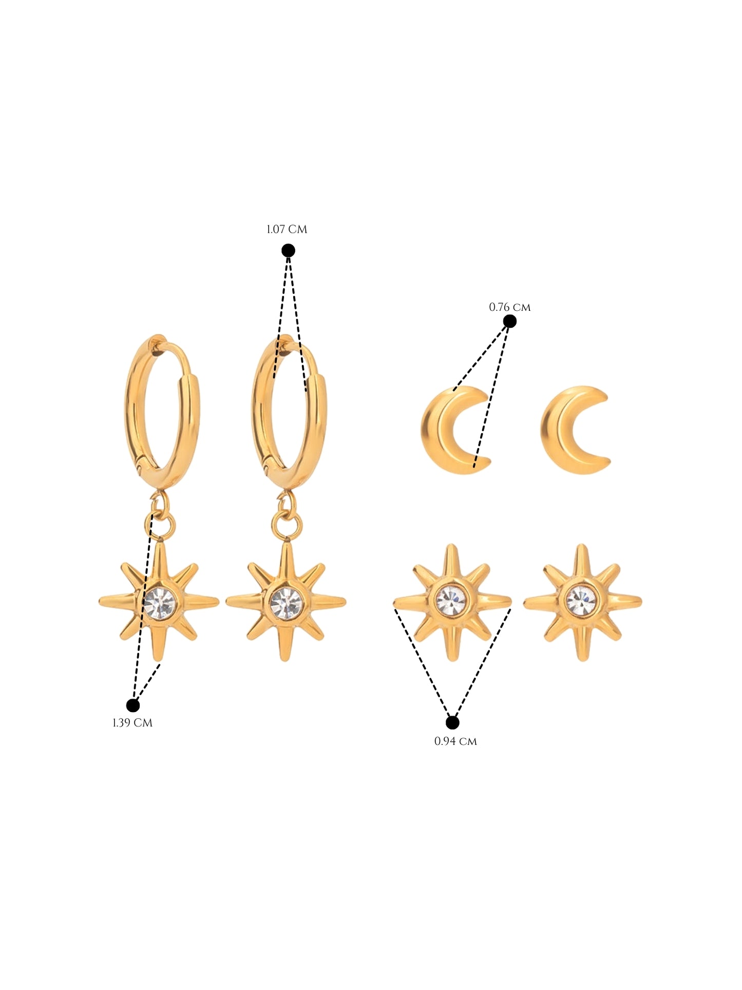 gold earrings, minimalist design earrings, jewellery for occasion, gift idea for her, cute earrings, dainty earrings, elegant earrings, dainty earrings, cute earrings set, simple earrings, earrings with stones, sun design earrings, moon design earrings