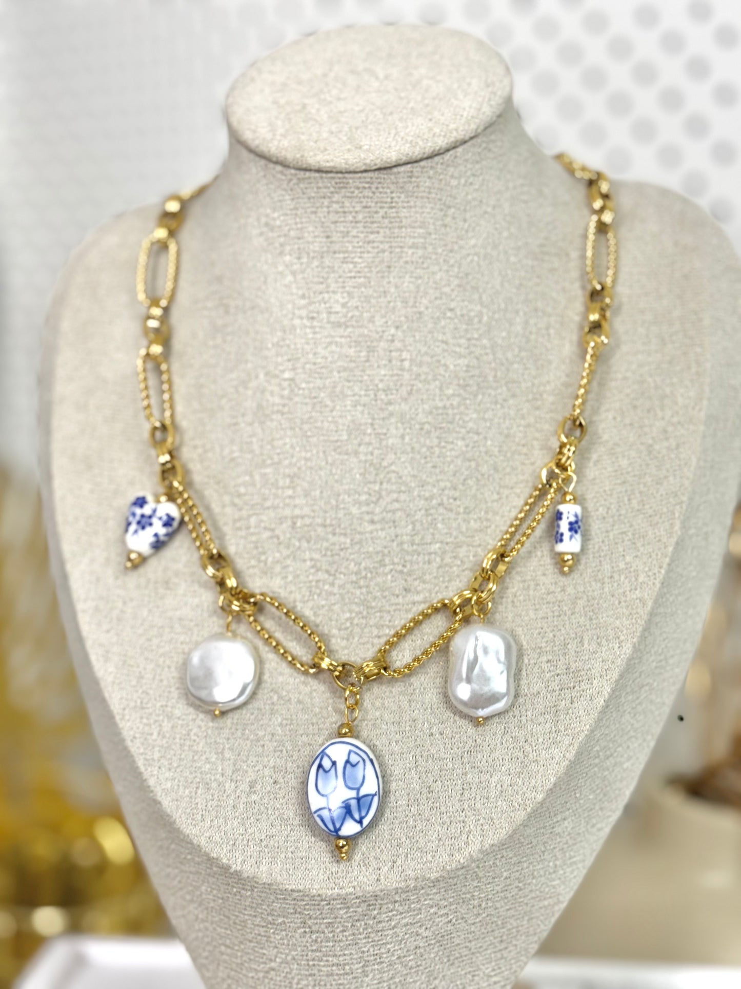 cute necklace, charm necklace, best gift for her, blue necklace, pearl necklace, link chain necklace with charms, link chain necklace