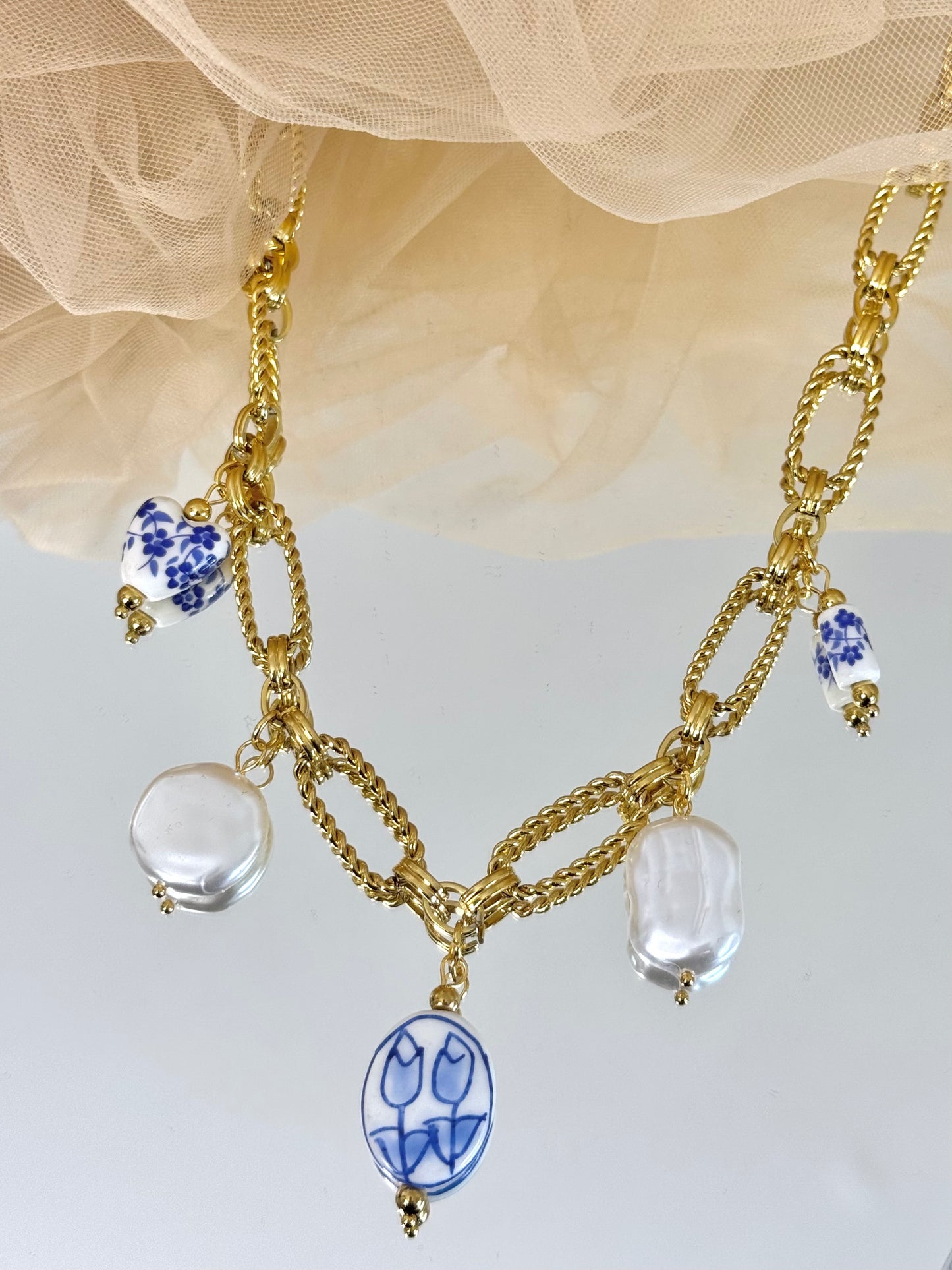 cute necklace, charm necklace, best gift for her, blue necklace, pearl necklace, link chain necklace with charms, link chain necklace