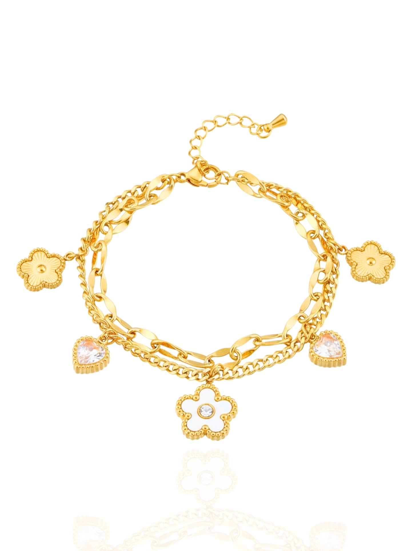 timeless jewellery, perfect gift for her, elegant bracelet, charm bracelet, best gift for her, stylish gift, statement bracelet, versatile bracelet, bracelet Australia, gold bracelet, classic gold chain bracelet, simple bracelet, lucky charm bracelet, cute bracelet, lightweight bracelet, chain bracelet, statement bracelet, bracelet with minimal stones, sparkling bracelet, clover design bracelet, flower bracelet, dangle bracelet, dangling stones bracelet