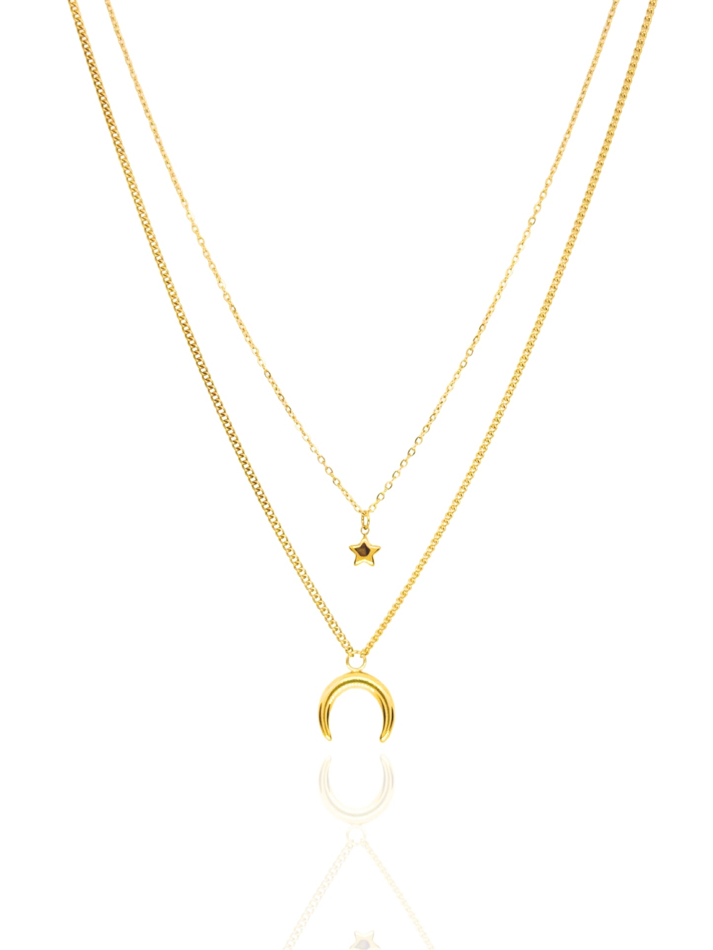 gold necklace, timeless jewellery, perfect gift for her, elegant necklace, charm necklace, best gift for her, classic gold chain necklace, stylish gift, statement necklace, versatile necklace, necklace Australia, link chain necklace, interlocking pendant necklace, y-shaped necklace, necklace with stone pendant, necklace with bold pendant, pendant with stones, necklace with gem pendant, gem necklace, layered necklace, star pendant, moon pendant necklace, star and moon pendant