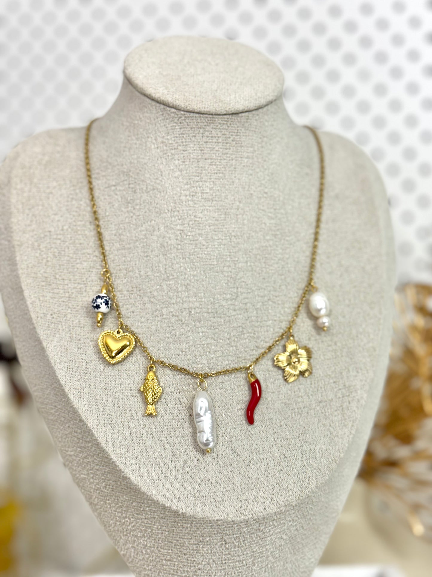 cute necklace, charm necklace, best gift for her, blue necklace, pearl necklace, link chain necklace with charms, link chain necklace, necklace with charming pendant