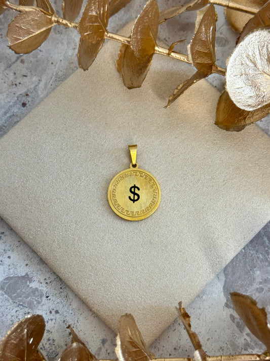 gold pendant, simple pendant, timeless design pendant, pendant for any occasion, cute pendant, versatile pendant, pendant for necklace, bold pendant, statement pendant, dollar inspired pendant, dollar pendant, lucky charm pendant, money catcher pendant
