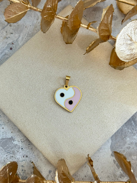 gold pendant, simple pendant, timeless design pendant, pendant for any occasion, cute pendant, versatile pendant, pendant for necklace, bold pendant, statement pendant, yinyang pendant, pink pendant, white pendant, pink and white pendant, yinyang necklace, yinyang heart pendant, yinyang heart necklace, heart pendant