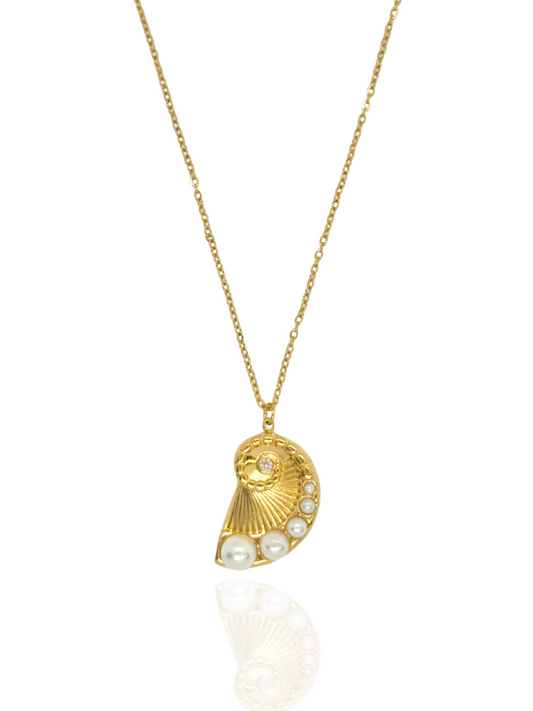 Gold necklace with a shell pendant featuring pearls on a white background, beach themed, ocean inspired, summer wear, pearl charms, shell gold pendant