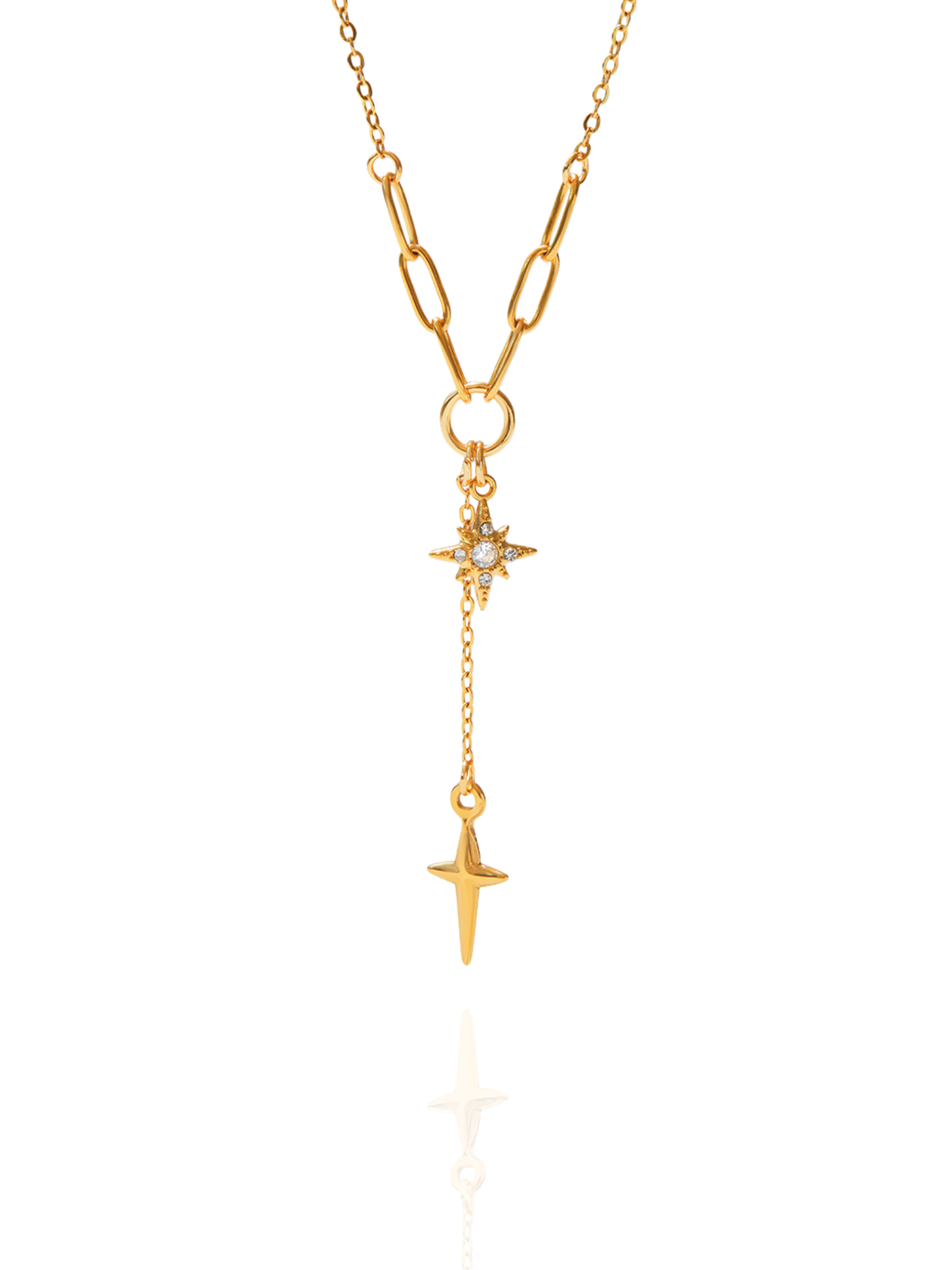 Gold necklace with cross pendants on a white background, cross charms, star pendant, polished gold necklace, everyday wear gold necklace, dainty necklace