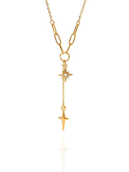 Gold necklace with cross pendants on a white background, cross charms, star pendant, polished gold necklace, everyday wear gold necklace, dainty necklace