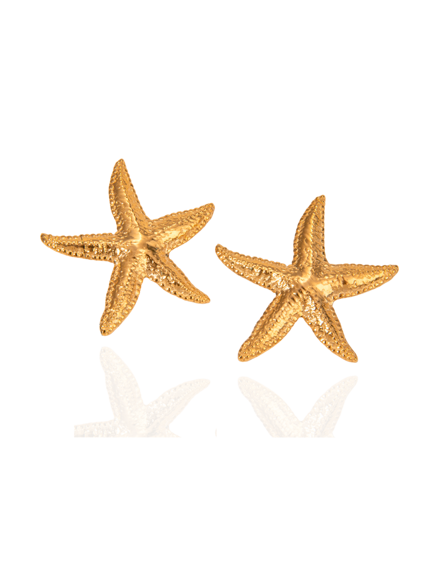 Gold starfish-shaped earrings on a white background, starfish stud earrings, dainty gold starfish earrings, beach themed jewellery, summer wear, ocean inspired earrings