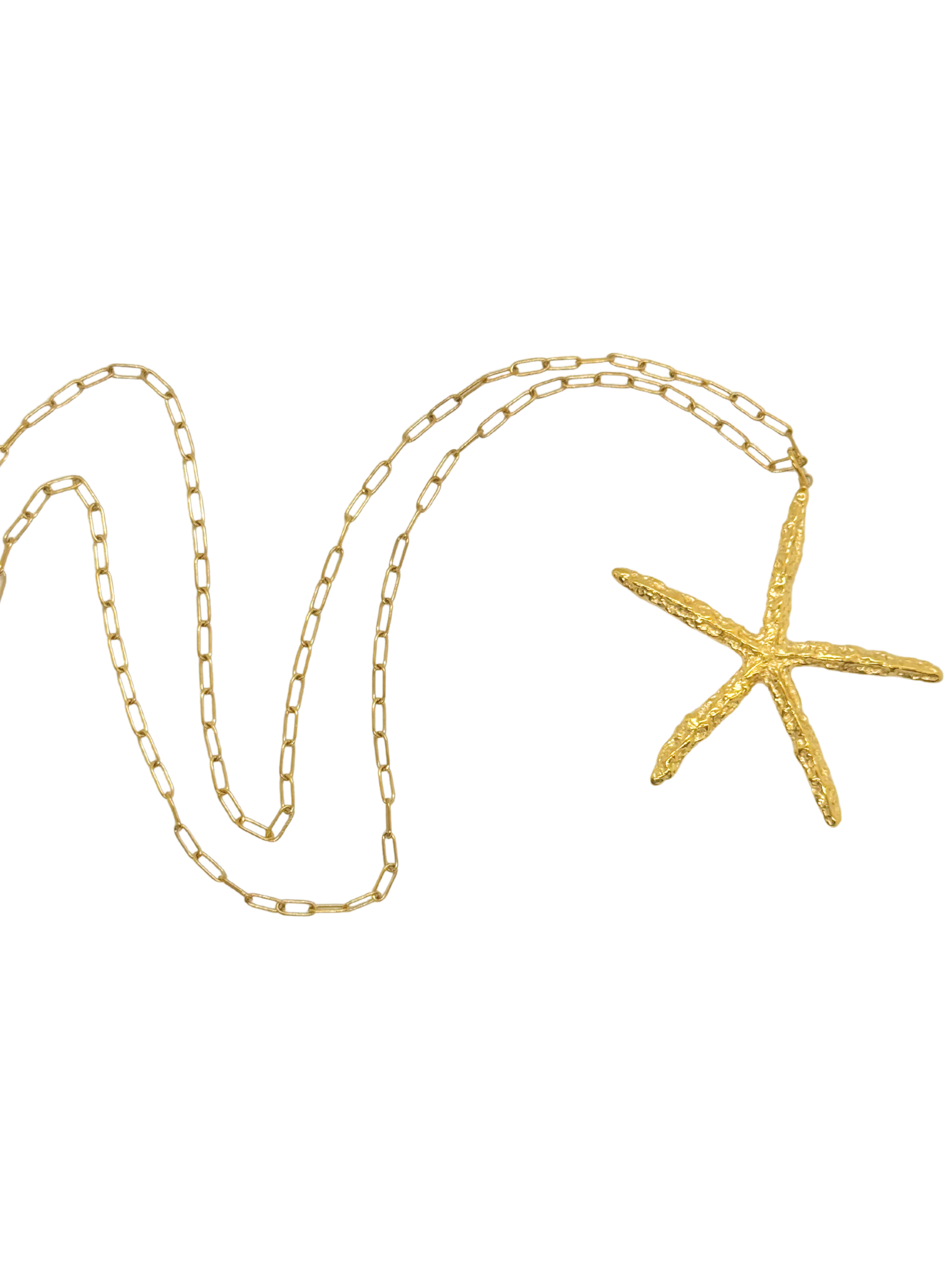 Gold starfish pendant necklace on a white background, gold starfish necklace, coastal starfish jewellery, beach themed, summer wear, ocean inspired necklace