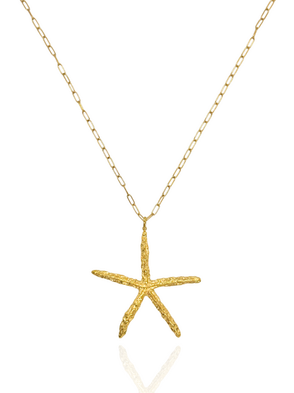 Gold starfish pendant necklace on a white background, gold starfish necklace, coastal starfish jewellery, beach themed, summer wear, ocean inspired necklace