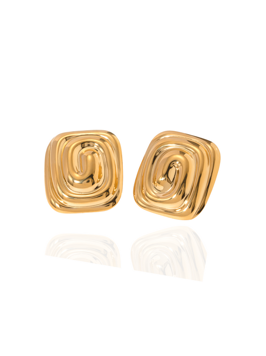 Pair of gold pattern earrings on a white background, gold patterned earrings, minimalist jewellery, dainty pattern studs, everyday wea