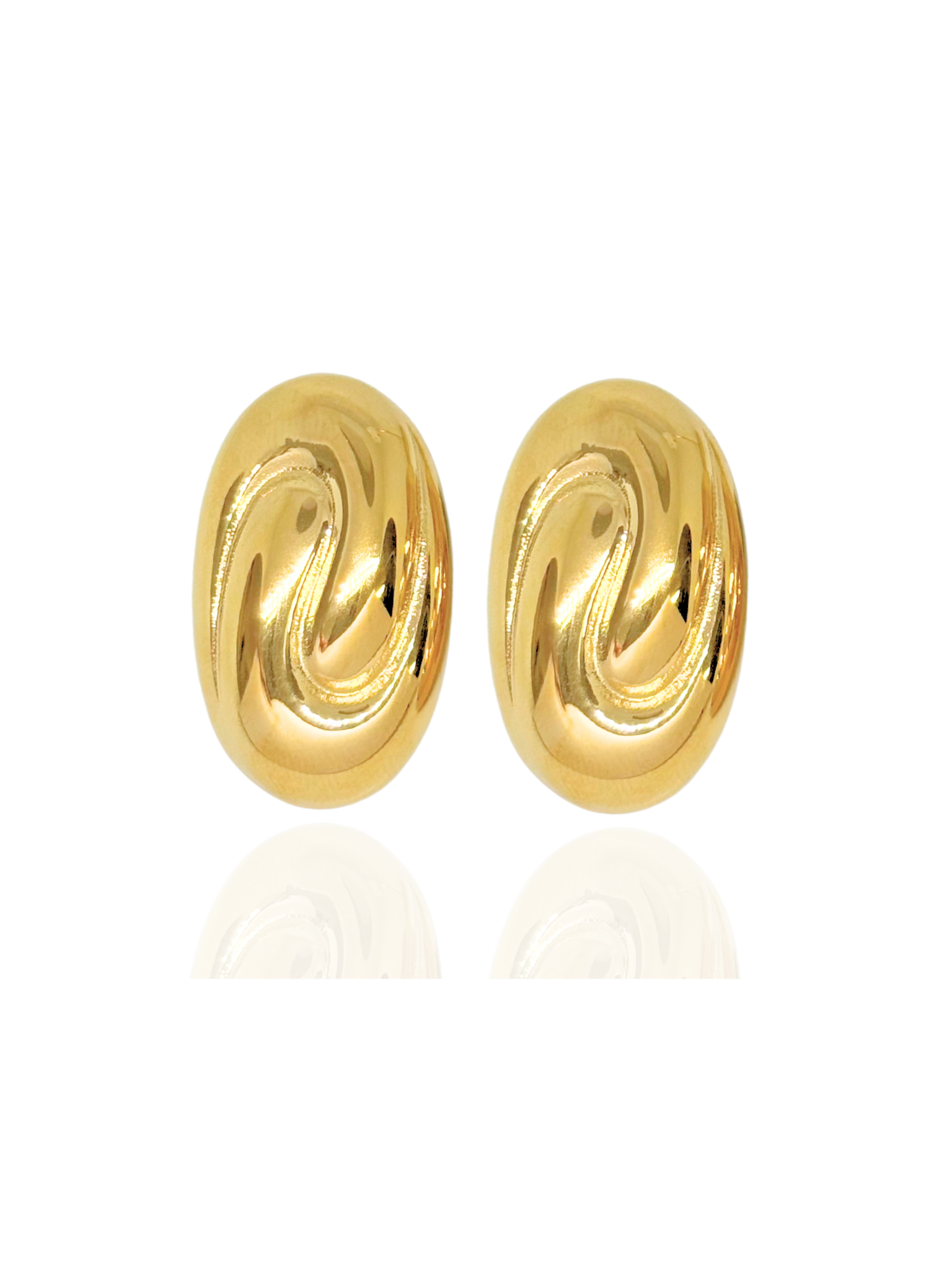 Pair of gold spiral earrings on a white background, gold oval earrings, everyday wear, minimalist gold oval studs, classic oval earrings, dainty oval drop earrings