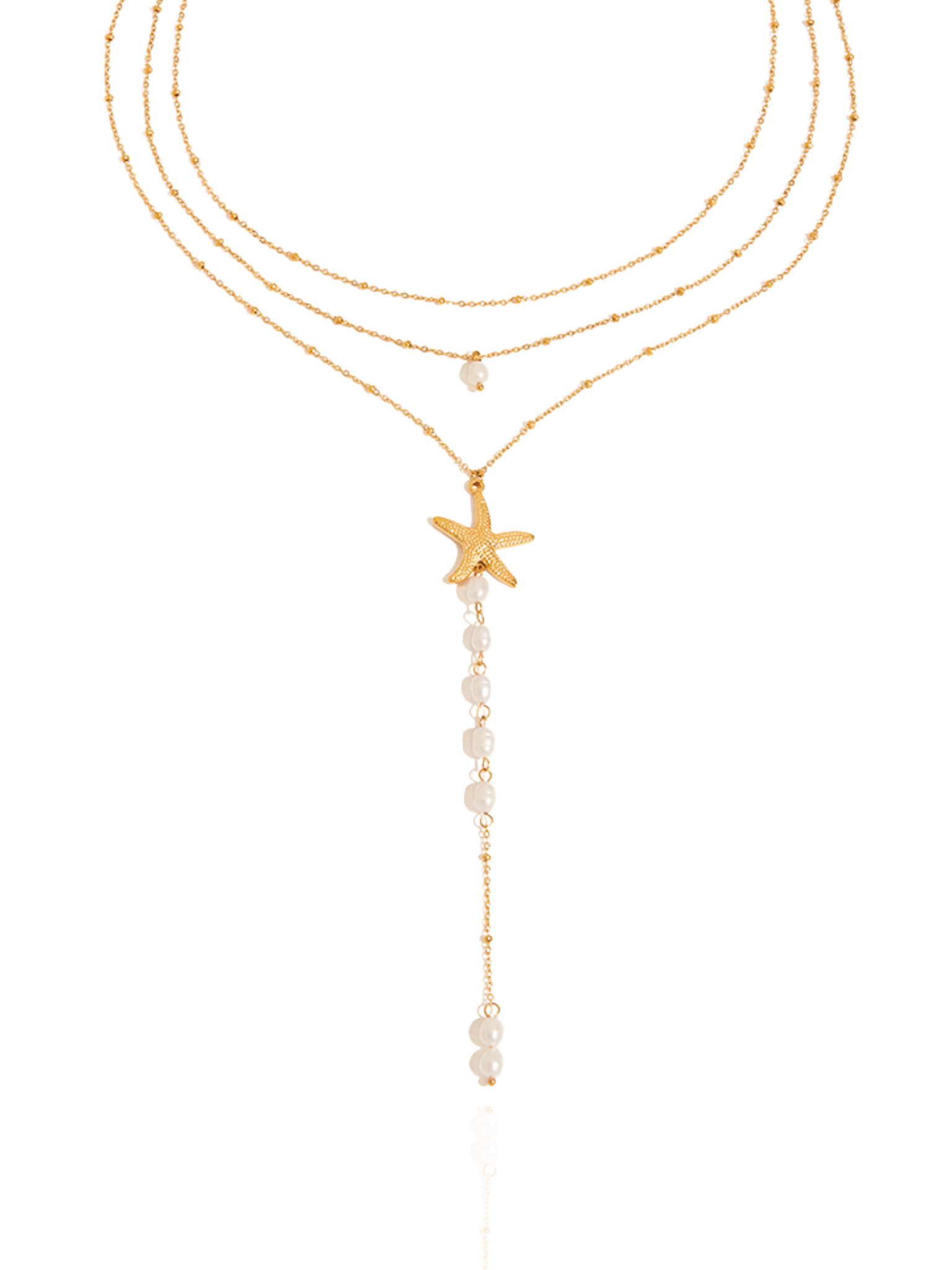 Gold necklace with starfish and pearl pendant on a white background, beaded chain, beach themed necklace, dainty ocean layered necklace, starfish charm, summer wear