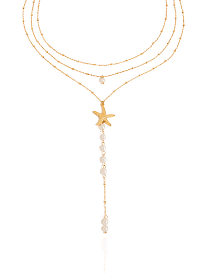 Gold necklace with starfish and pearl pendant on a white background, beaded chain, beach themed necklace, dainty ocean layered necklace, starfish charm, summer wear