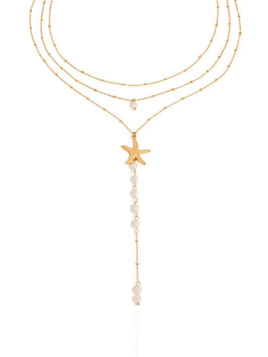 Gold necklace with starfish and pearl pendant on a white background, beaded chain, beach themed necklace, dainty ocean layered necklace, starfish charm, summer wear
