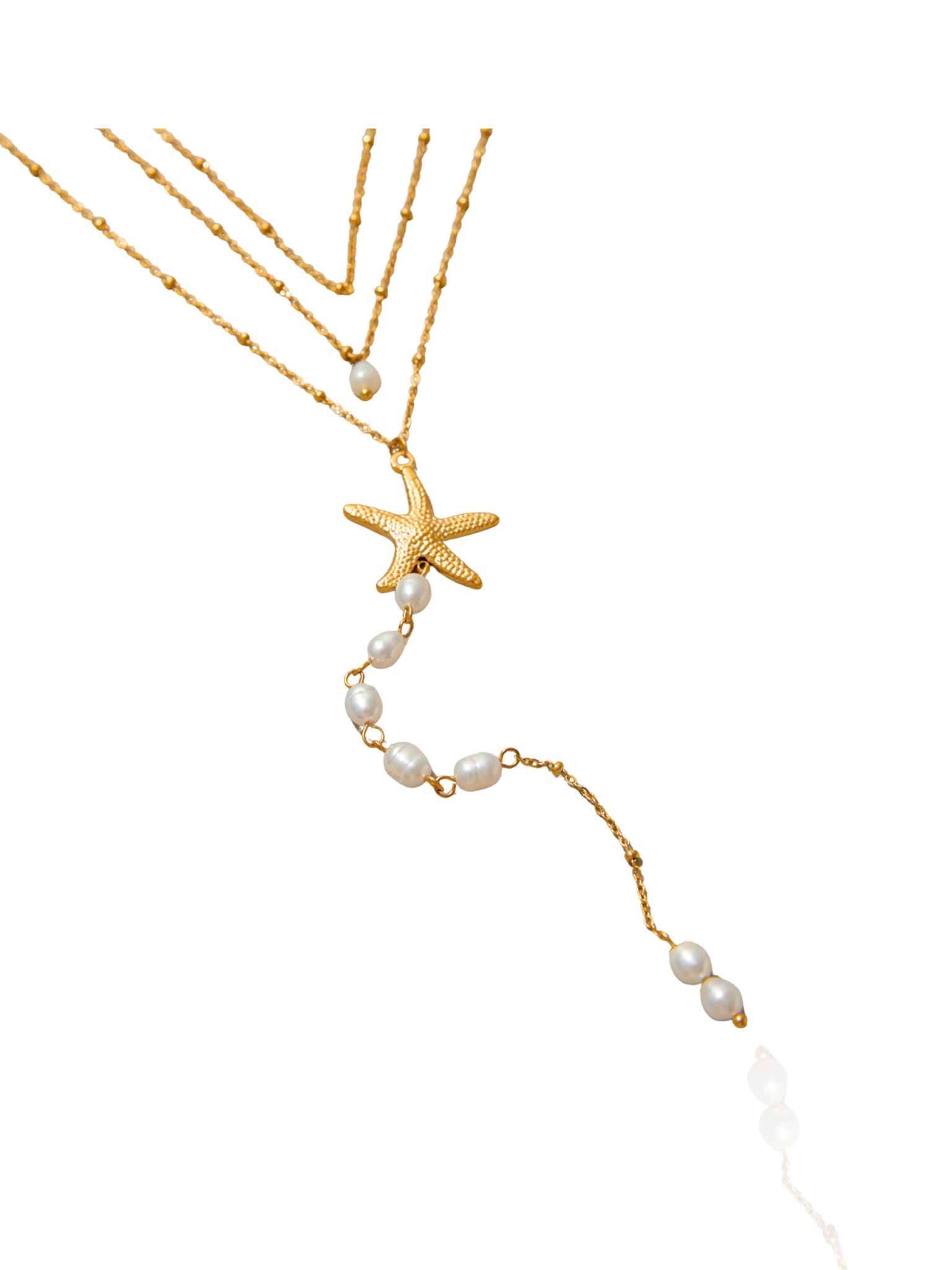 Gold necklace with starfish and pearl pendant on a white background, beaded chain, beach themed necklace, dainty ocean layered necklace, starfish charm, summer wear