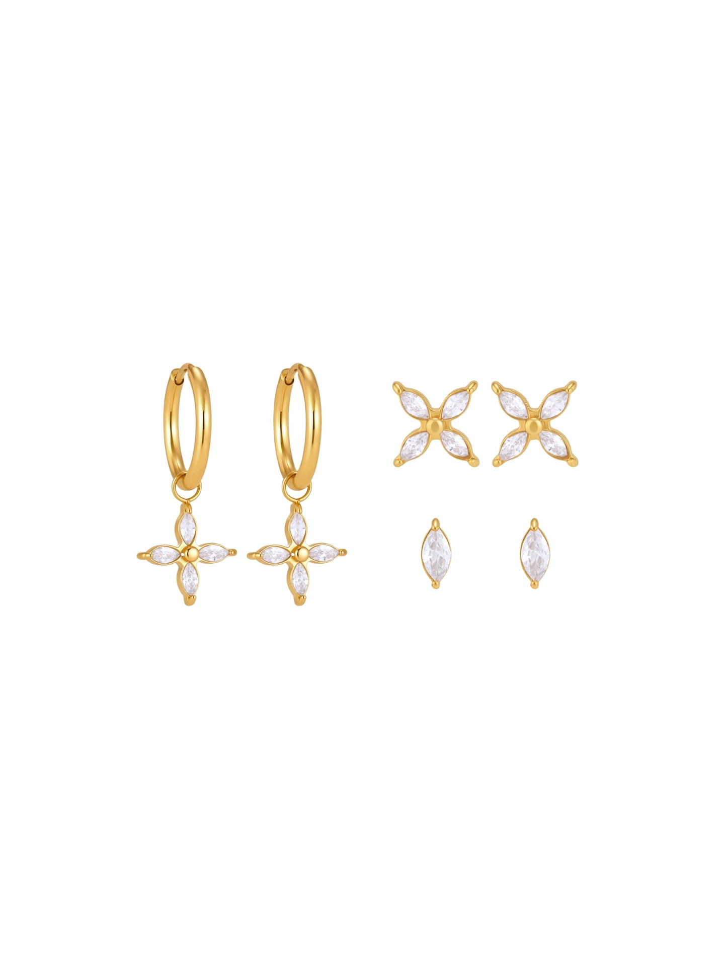 SYNTC, earrings set, clover charm earrings, zirconia earrings, stud earrings, hoop earrings, huggie earrings earrings with stones, tassle drop earrings, drop earrings, diamond earrings, geometric earrings, dainty earrings, cute earrings, earrings for parties, earrings for anniversaries, flower earrings, flower charm earrings