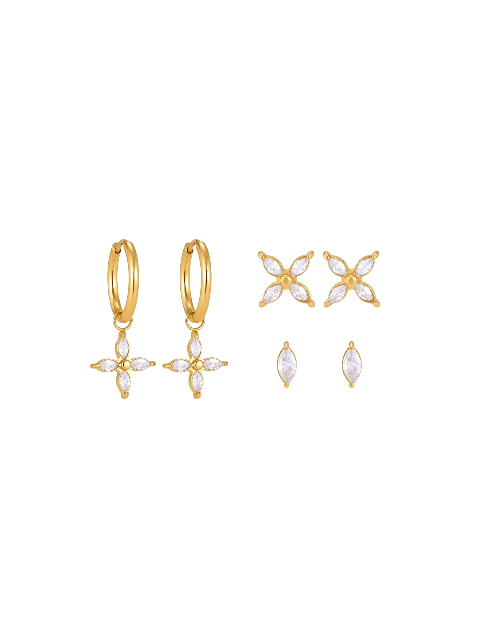 SYNTC, earrings set, clover charm earrings, zirconia earrings, stud earrings, hoop earrings, huggie earrings earrings with stones, tassle drop earrings, drop earrings, diamond earrings, geometric earrings, dainty earrings, cute earrings, earrings for parties, earrings for anniversaries, flower earrings, flower charm earrings